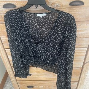 Semi Sheer Faux Wrap Crop Blouse